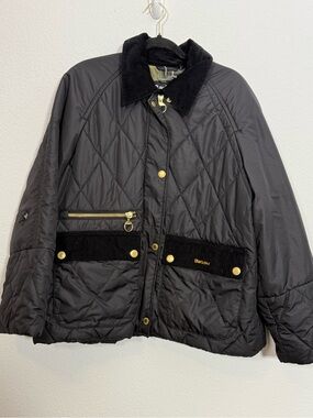 Barbour Quilted Jacket Black Gold Snap Corduroy Collar Tartan Lined Coat